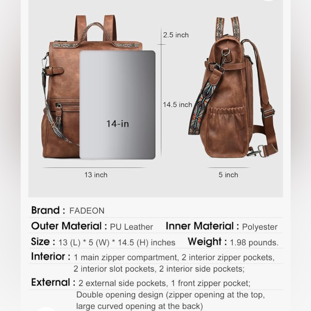 Fadeon Brown Backpack Tote With Patterned Canvas … - image 2